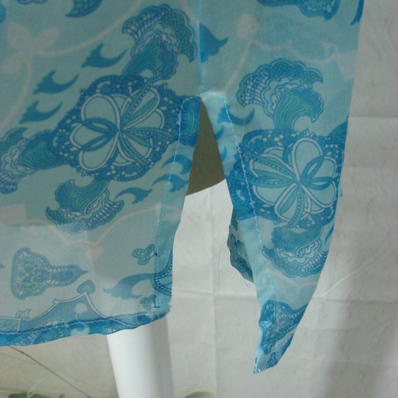Sheer Blue Tones Open Long Sleeve Boho Mehndi Style Floral Side Slit Cover Up - Picture 8 of 16
